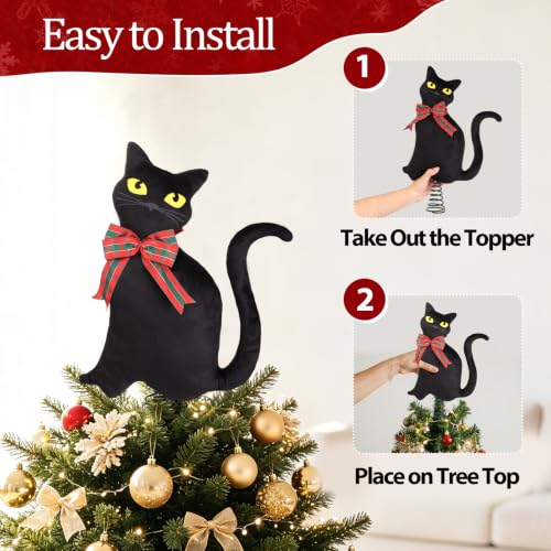 Black Cat Christmas Tree Topper for Halloween & Holiday Decor - 11.8 Inch