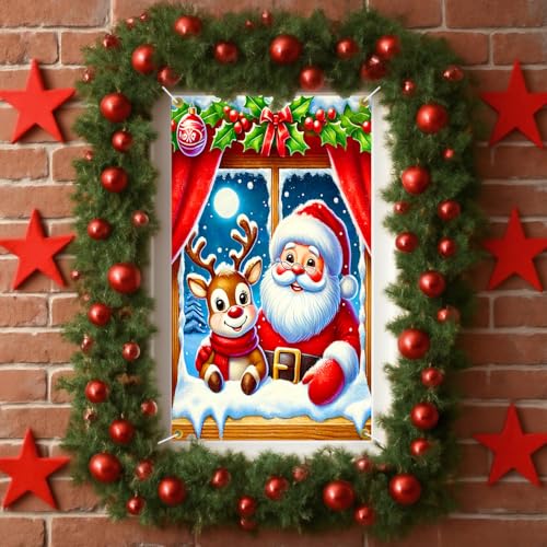 Cmialusie Colorful Santa and Reindeer Window Banner Christmas Decor 31.5x47.2in