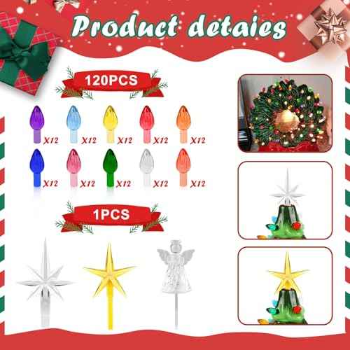 Ceramic Christmas Tree Replacement Light Bulbs Set, 120Pcs in 10 Colors Ceramic Tree Replacement Bulbs and 1 Angel/Five Pointed Star/Seven Pointed Star Top Trim