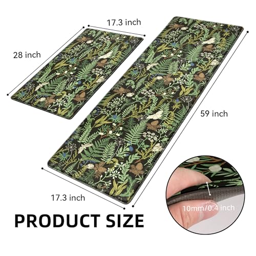 Keensoft 2PC Botanical Kitchen Rugs Set - Ink Moss Green, 17.3x28 & 17.3x59 Inches