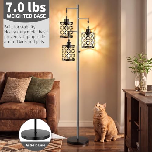 72-Inch Dimmable Industrial Floor Lamp with Quatrefoil Shade & 3 LED Bulbs - Black 800LM
