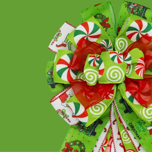Montekin Large Green Candy Pattern Christmas Wreath Bows 20x11 Inches, Set of 2