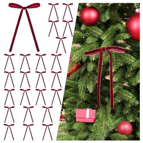 Yastouay 24 Pcs Burgundy Velvet Bows for Christmas Tree, 5 x 7 Inch Christmas Tree Bows, Velvet Christmas Bows for Wreath Gifts Garland Fireplace Candlestick Party DIY Home Decor