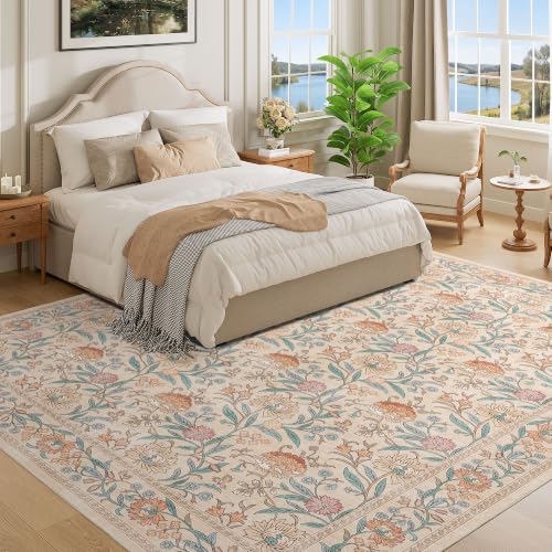 Beige Vintage Floral 8x10 Area Rug - Washable, Soft Low Pile, Non-Slip