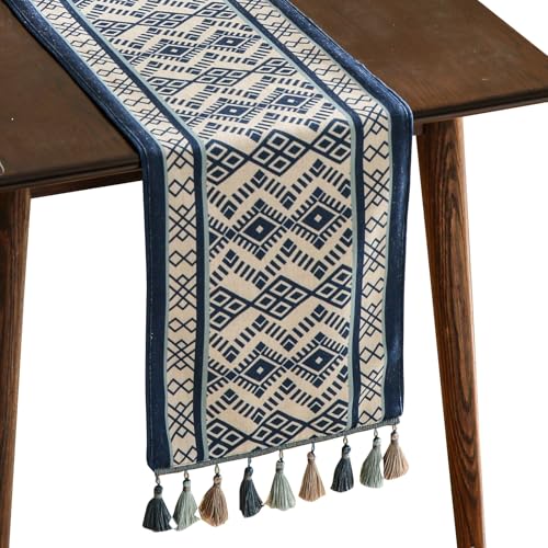 Suqingb 12"x87" Chinoiserie Blue Stripe Table Runner Linen-Polyester