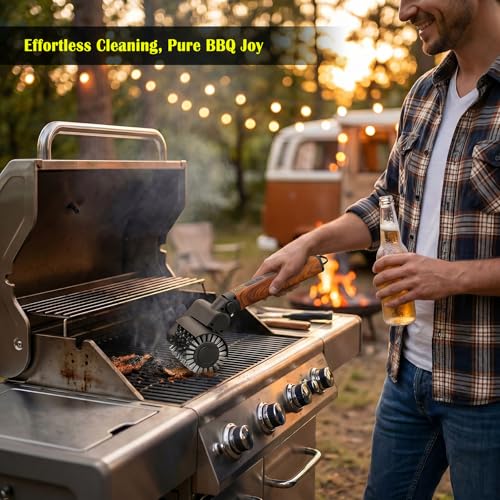 Electric Grill Brush 3-in-1 Kit with Red Wood Coating – Cordless BBQ Cleaner, Safe Metal Bristles, Waterproof & Dishwasher Safe