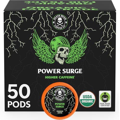High Caffeine Organic Coffee Pods - Power Surge, 50 Count - Fair Trade, Strong & Bold Flavor