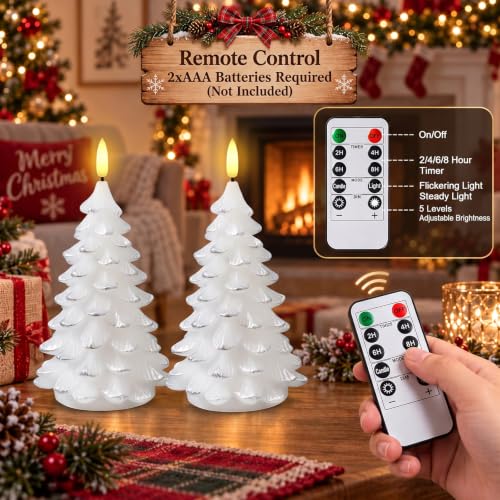 ARIKJ White & Silver Christmas Tree Flameless Candles, Battery Operated Holiday Decor