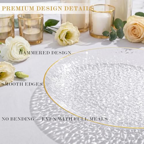Gold Plastic Dinner Plates 10 Inch - Hammer Pattern Disposable Plates - 100 Pack - Clear Gold Variation