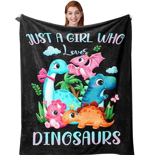 Amonee-YL Dinosaur Blanket, Just A Girl Who Loves Dinosaurs, Dinosaurs Blankets for Girls 40"X50", Dino Birthday Decorations, Presents for Dinosaur Lovers, Dino Gifts for Girls