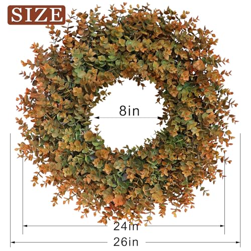 26-Inch Large Fake Eucalyptus Fall Wreath for Front Door Decor - Orange & Green - Variation of THIS listing