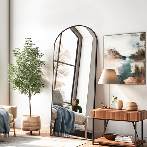 Full Length Arched Floor Mirror with Stand - 56x19 inch Black Aluminum Frame, Freestanding or Wall-Mounted