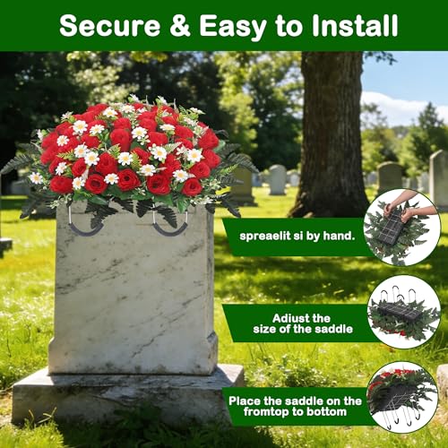 Lodou Red Artificial Cemetery Flower Saddle for Memorial Graves Headstones