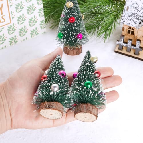 Yookat 3.9 Inch Mini Green Christmas Trees with Wooden Bases, 12 Pack