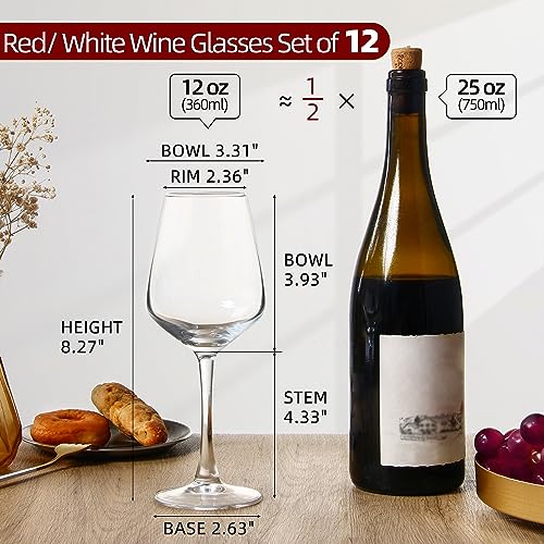 SHYRC 12oz Clear Red & White Wine Glasses Set of 12 - Long Stem Drinkware for Party & Wedding