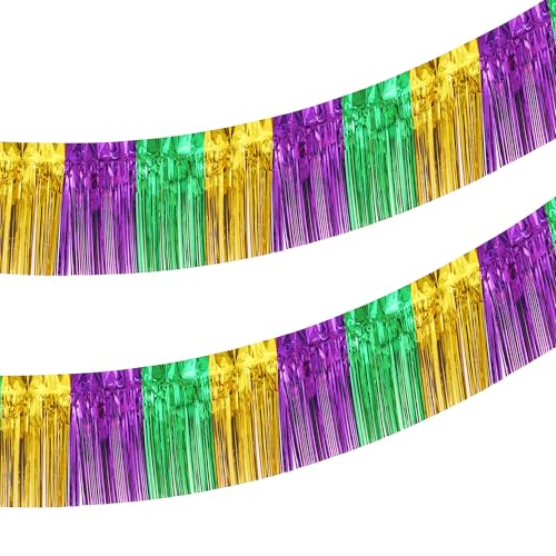 2 Pack 10 Feet Green Gold Purple Foil Fringe Garland Metallic Tinsel Streamers Banner Fringe Backdrop Banner for Parade Floats Mardi Gras Birthday Party Homecoming Decoration (Green Gold Purple)