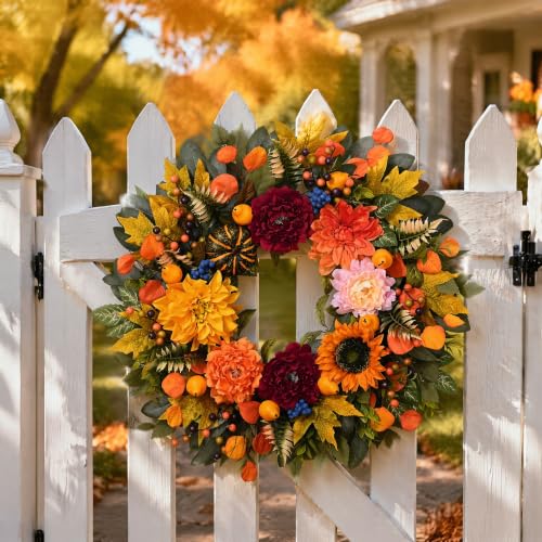 Waipfaru 26-Inch Fall Harvest Wreath with Pumpkins & Autumn Decor, Orange-Green