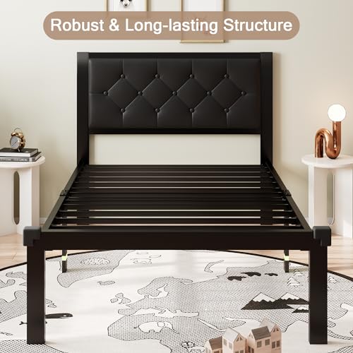 Einhomn Twin Metal Bed Frame with Faux Leather Headboard - Black, 12" Underbed Storage, No Box Spring Needed