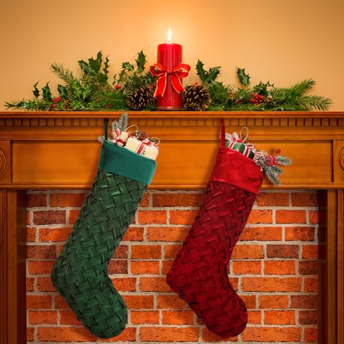 Luxury Satin Christmas Stockings 20-Inch Red and Green Holiday Decor (Set of 2)