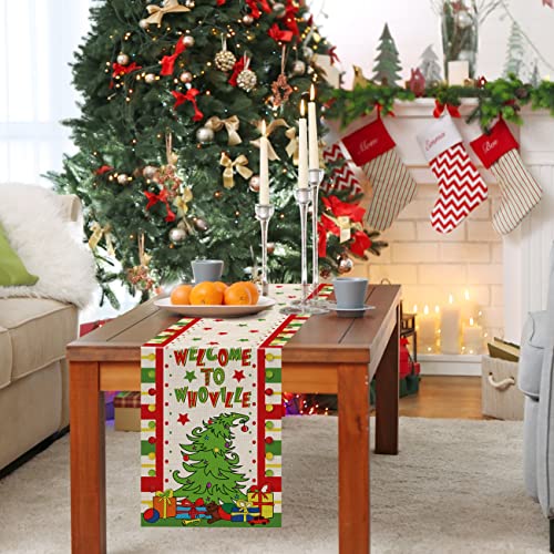 Christmas Table Runner 90 Inchs Christmas Cotton Linen Table Runner Seasonal Winter Christmas Holiday Kitchen Dining Table Decoration for Home Party Decor 13"x 90"