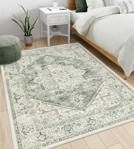 Medallion Sage Washable 5x7 Area Rug - Vintage Tribal Non-Slip Living Room Carpet
