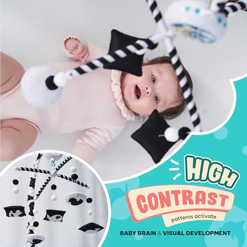 Black and White Montessori Baby Mobile for Crib - Visual Stimulation & Soothing Lullabies