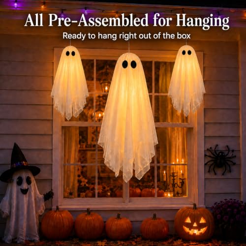 White Medium Hanging Ghost Decorations Set - Pre-Assembled Halloween Ghosts with Remote & Warm Glow