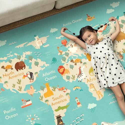 Kids Playroom Rug 5x7 Blue Planet Safari Educational Animal Map Non-Slip Washable