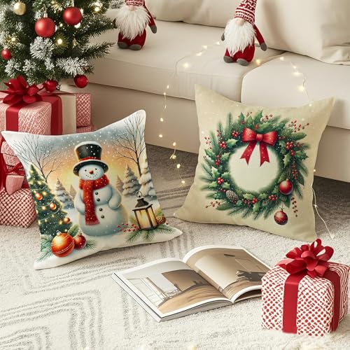 HDVUHKI Christmas 20x20 Pillow Covers Set of 4 - Linen Decorative Holiday Cushion Covers