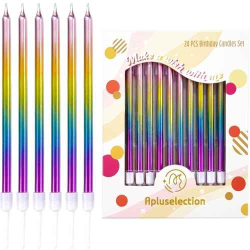 24-Count Gradient Colorful Birthday Candles for Cake, Long Thin Cake Candles, Rainbow Metallic Cupcake Decorations