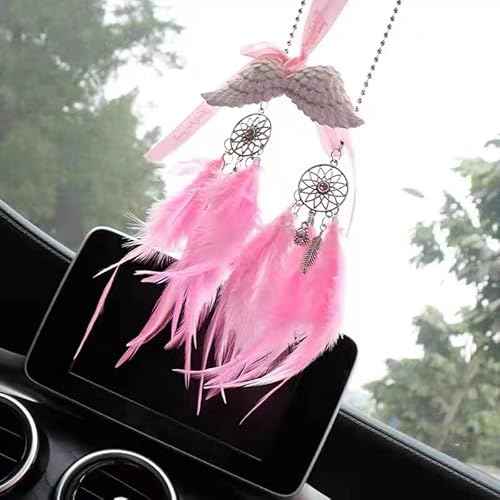 Dream Catcher car Interior Rearview Hanging Decor car Decorations for Women Feather Boho Hanging Decorations(Pink)