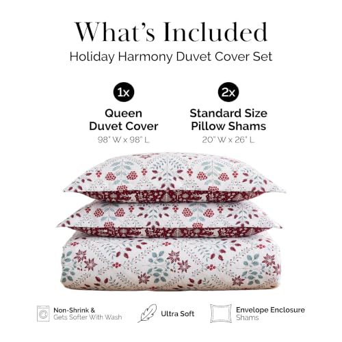 Holiday Harmony 3pc Duvet Cover Set Full/Queen – Reversible Floral Red White