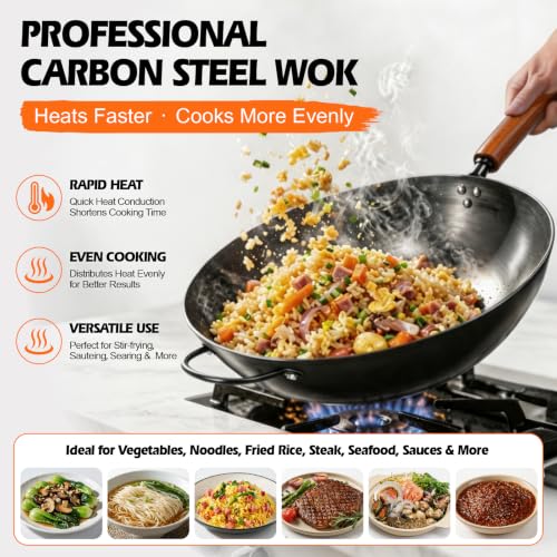 13-Inch Carbon Steel Wok Pan with Glass Lid, Flat Bottom, Pre-Seasoned, Nitrided Technology