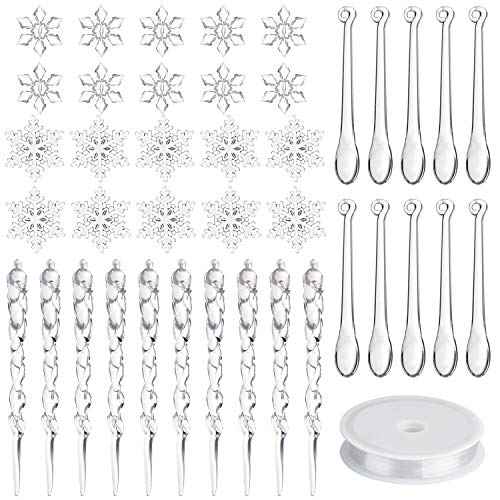 FEPITO 40 PCS Acrylic Christmas Decoration Set - Snowflake, Icicles with Crystal Line Ornaments for Christmas Tree Hanging Decorations