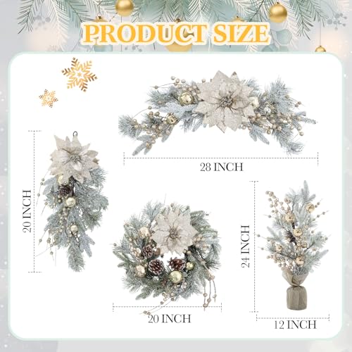 Champagne Christmas Decor Set - Snowy Wreaths, Garlands & Tree Ornaments