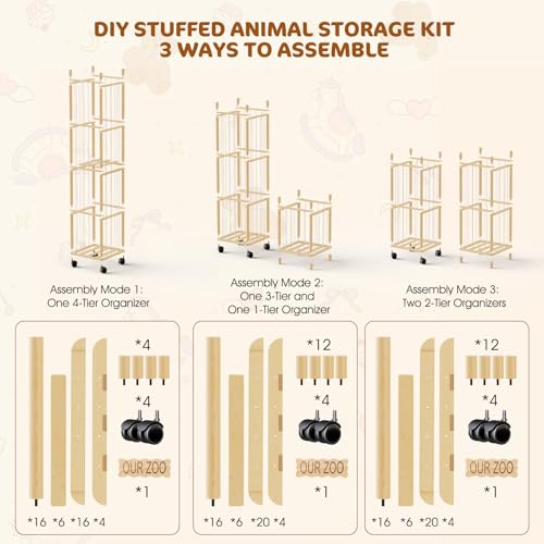 DIY Stuffed Animal Storage Kit - Adjustable 1–4 Tier Toy Organizer with Wheels for Playroom & Nursery