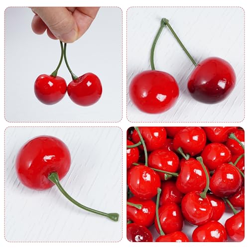 jiebor 60Pcs Fake Cherries Artificial Plastic Faux Fruit Ornament for Birthday Party Decoration Photography Props Kitchen Home Market Display