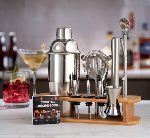 FineDine Stainless Steel Cocktail Shaker Set with Bartender Tools & Wooden Stand