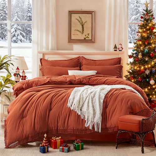 Andency California King Comforter Set - 7 Pieces Burnt Orange Bedding, Tassel Style