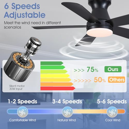 Goniyado 41-Inch Black Modern Low Profile Ceiling Fan with Lights & Remote - 5 Blades