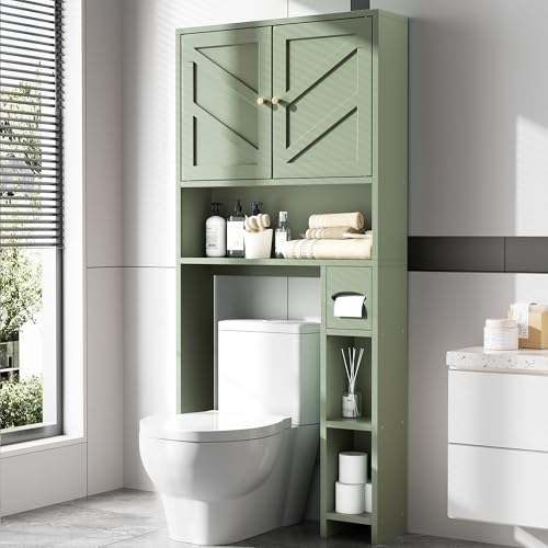 Over Toilet Storage Cabinet with Toilet Paper Holder - Green, Without Open Shelves, 65.4" Tall Bathroom Organizer