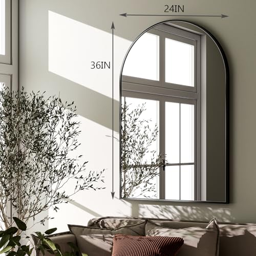 HARRITPURE 24x36 Inch Black Arched Wall Mirror - Modern Vanity Mirror with Metal Frame, Moisture-Resistant, Wall Mount Included