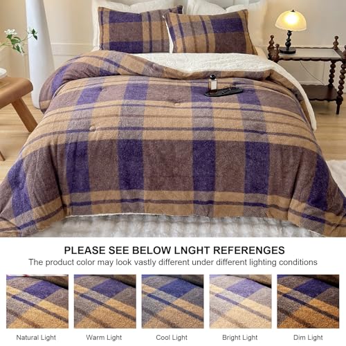 Cyusri Khaki & Blue Plaid Sherpa Comforter Set Queen Size 90x90 with 2 Pillowcases