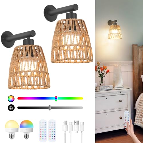 Black Wireless Rattan Wall Sconce Set of 2 - Dimmable RGB Rechargeable Wall Lights with Remote, 6.3in
