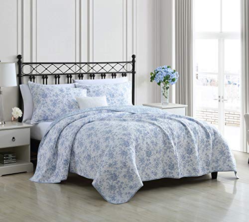 Laura Ashley Queen Quilt Set with Shams - Reversible Cotton Bedding, Walled Garden Blue, Full/Queen