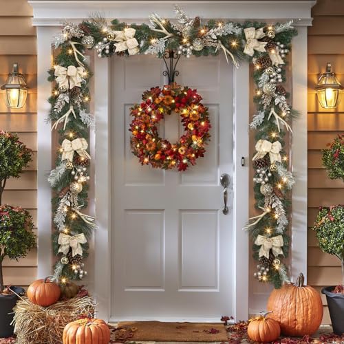 Takywep 6ft Champagne Gold Christmas Garland with Lights, Faux Pine, Decor Balls & Bows
