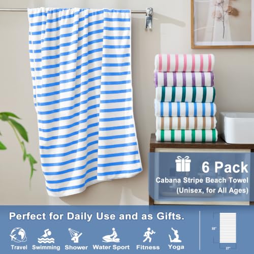 JML Microfiber Beach Towels Set 6 Pack 27" x 55" Cabana Stripe Blue - Quick Dry & Absorbent