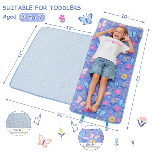 Kids Nap Mat with Pillow & Blanket - Purple Butterfly Toddler Sleep Set