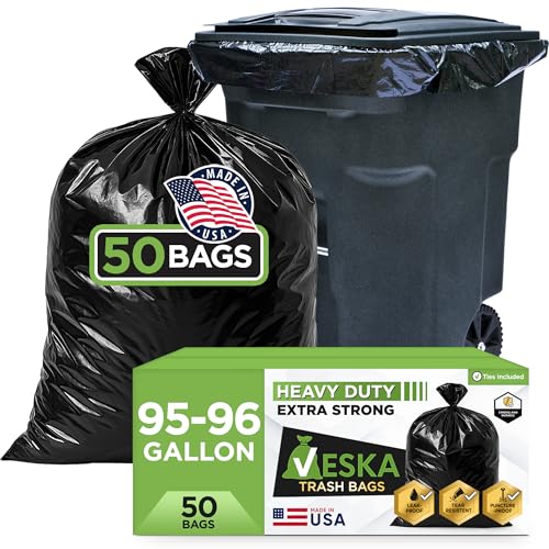 Veska Heavy Duty 95-96 Gallon Trash Bags Pack of 50 with Ties - Large Black Garbage Liners