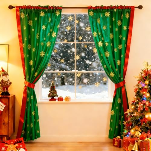MikiUp Christmas Snowflakes Sheer Curtains 2 Pack Green & Gold 52x95 inches